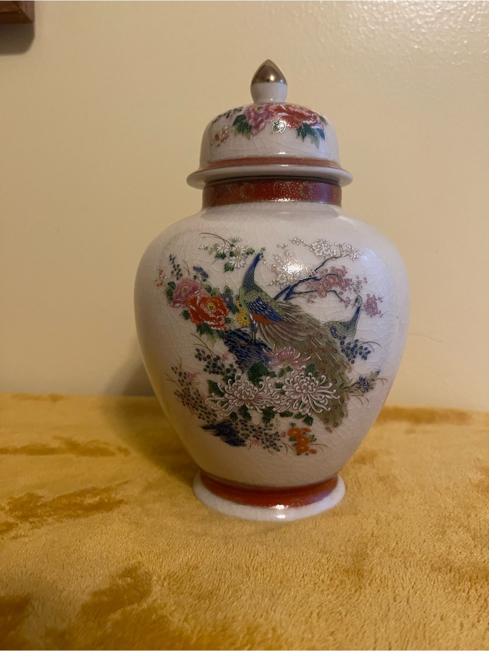 Vintage Satsuma Peacock Ginger Jar with lid, Japan Decorated Gold Floral Ceramic